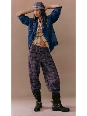 #808 Free People Nice Choice Pull-On Trousers in Navy Combo Small